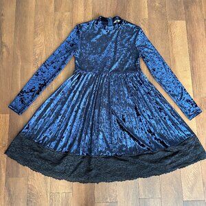 Blue Velvet Shein Dress with Black Lace Trim